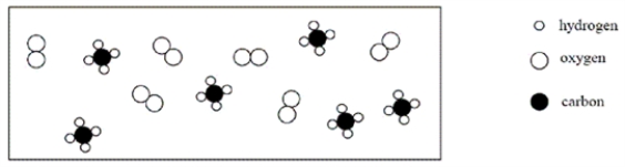 Consider an initial mixture of CH<sub>4</sub> and O<sub>2</sub> represented in the container below: Given the reaction CH<sub>4</sub> + 2O<sub>2</sub> → CO<sub>2</sub> + 2H<sub>2</sub>O,which of the following represents a stoichiometric picture of the container after the reaction has gone to completion?