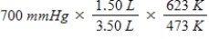 <strong>A gas occupying a volume of 1.50 L exerts a pressure of 700 mmHg at 200°C.Which mathematical expression gives the correct pressure at 3.50 L and 350°C?</strong> A)   B)   C)   D)   E)   <div style=padding-top: 35px> 