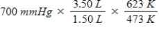 <strong>A gas occupying a volume of 1.50 L exerts a pressure of 700 mmHg at 200°C.Which mathematical expression gives the correct pressure at 3.50 L and 350°C?</strong> A)   B)   C)   D)   E)   <div style=padding-top: 35px> 