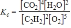 <strong>Which expression correctly describes the equilibrium constant K<sub>c</sub> for the following reaction? 2C<sub>2</sub>H<sub>2</sub>(g)+ 5O<sub>2</sub>(g) 4CO<sub>2</sub>(g)+ 2H<sub>2</sub>O(g)</strong> A) B) C) D) E)