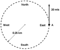 <strong>A car travels counterclockwise around a flat circle of radius 0.25 km at a constant speed of 20 m/s.When the car is at point A as shown in the figure,what is the car's acceleration? </strong> A)1.6 m/s<sup>2</sup>,south B)Zero C)1.6 m/s<sup>2</sup>,east D)1.6 m/s<sup>2</sup>,north E)1.6 m/s<sup>2</sup>,west