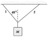 <strong>In the figure,if the tension in string 1 is 34 N and the tension in string 2 is 24 N,what is the mass of the object shown? </strong> A)7.3 kg B)5.5 kg C)1.8 kg D)3.7 kg E)4.5 kg
