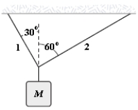 <strong>If M = 6.0 kg,what is the tension in string 1? </strong> A)39 N B)34 N C)29 N D)44 N E)51 N