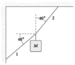 <strong>If M = 1.1 kg,what is the tension in string 1? </strong> A)54 N B)47 N C)40 N D)62 N E)57 N
