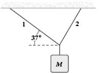 <strong>An object of unknown weight is suspended as shown.The tension in rope 1 is 25 lb,and the tension in rope 2 is 31 lb.What is the weight of the suspended object? </strong> A)36 lb B)33 lb C)41 lb D)39 lb E)56 lb