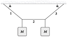 <strong>If α = 40° and the tension in string 2 is 30 N,determine M. </strong> A)3.4 kg B)3.6 kg C)2.6 kg D)4.9 kg E)7.5 kg