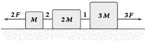 <strong>The horizontal surface on which the objects slide is frictionless.If F = 12 N,what is the tension in string 1? </strong> A)35 N B)30 N C)40 N D)45 N E)25 N