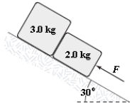 <strong>The surface of the inclined plane shown is frictionless.If F = 30 N,what is the magnitude of the force exerted on the 3.0-kg block by the 2.0-kg block? </strong> A)18 N B)27 N C)24 N D)21 N E)15 N