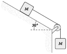 <strong>If M = 2.2 kg,what is the tension in the connecting string? The pulley and all surfaces are frictionless. </strong> A)6.4 N B)5.9 N C)5.4 N D)6.9 N E)8.3 N