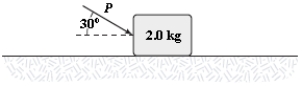 <strong>A 2.0-kg block slides on a rough horizontal surface.A force (P = 6.0 N)is applied to the block as shown.The magnitude of the block's acceleration is 1.2 m/s<sup>2</sup>.What is the magnitude of the force of friction acting on the block? </strong> A)2.0 N B)1.4 N C)1.6 N D)2.8 N E)3.4 N