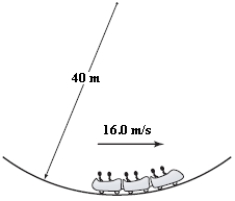 <strong>A roller-coaster car has a mass of 500 kg when fully loaded with passengers.At the bottom of a circular dip of radius 40 m (as shown in the figure)the car has a speed of 16 m/s.What is the magnitude of the force of the track on the car at the bottom of the dip? </strong> A)3.2 kN B)8.1 kN C)4.9 kN D)1.7 kN E)5.3 kN
