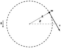 <strong>An object attached to the end of a string swings in a vertical circle (R = 1.2 m),as shown.At an instant when θ = 30°,the speed of the object is 5.1 m/s and the tension in the string has a magnitude of 20 N.What is the mass of the object? </strong> A)2.0 kg B)1.5 kg C)1.8 kg D)1.2 kg E)0.80 kg