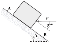 <strong>A 4.0-kg block is lowered down a 37° incline a distance of 5.0 m from point A to point B.A horizontal force (F = 10 N)is applied to the block between A and B as shown in the figure.The kinetic energy of the block at A is 10 J and at B it is 20 J.How much work is done on the block by the force of friction between A and B? </strong> A)−58 J B)−53 J C)−68 J D)−63 J E)−47 J
