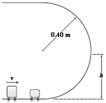 <strong>A 3.0-kg mass is sliding on a horizontal frictionless surface with a speed of 3.0 m/s when it collides with a 1.0-kg mass initially at rest as shown in the figure.The masses stick together and slide up a frictionless circular track of radius 0.40 m.To what maximum height,h,above the horizontal surface will the masses slide? </strong> A)0.18 m B)0.15 m C)0.21 m D)0.26 m E)0.40 m