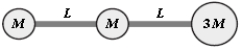 <strong>If M = 0.50 kg,L = 1.2 m,and the mass of each connecting rod shown is negligible,what is the moment of inertia about an axis perpendicular to the paper through the center of mass? Treat the mass as particles. </strong> A)3.7 kg⋅m<sup>2</sup> B)2.8 kg⋅m<sup>2</sup> C)3.2 kg⋅m<sup>2</sup> D)2.3 kg⋅m<sup>2</sup> E)3.9 kg⋅m<sup>2</sup>