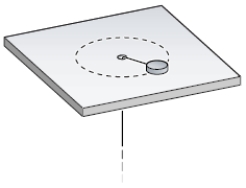 <strong>A puck on a frictionless air hockey table has a mass of 5.0 kg and is attached to a cord passing through a hole in the surface as in the figure.The puck is revolving at a distance 2.0 m from the hole with an angular velocity of 3.0 rad/s.The angular momentum of the puck (in kg⋅m<sup>2</sup>/s)is </strong> A)80 B)20 C)30 D)60 E)50