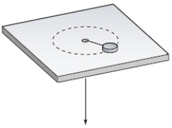<strong>A puck on a frictionless air hockey table has a mass of 5.0 g and is attached to a cord passing through a hole in the surface as in the figure.The puck is revolving at a distance 2.0 m from the hole with an angular velocity of 3.0 rad/s.The cord is then pulled from below,shortening the radius to 1.0 m.The new angular velocity (in rad/s)is </strong> A)4.0 B)6.0 C)12 D)2.0 E)8.0