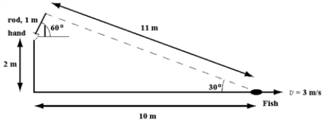 <strong>A 0.5 kg fish,hooked as shown below,starts to swim away at a speed of 3 m/s.The angular momentum of the fish relative to the hand holding the fishing rod is about </strong> A) . B) . C) . D) . E) .