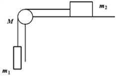 <strong>Exhibit 11-1 Two blocks of masses m<sub>1</sub> and m<sub>2</sub> are connected by a light cord that passes over a pulley of mass M,as shown.Block m<sub>2</sub> slides on a frictionless horizontal surface.The blocks and pulley are initially at rest.When m<sub>1</sub> is released,the blocks accelerate and the pulley rotates.The total angular momentum of the system of the two blocks and the pulley relative to the axis of rotation of the pulley is Use this exhibit to answer the following question(s). Refer to Exhibit 11-1.The total angular momentum of the system of the two blocks and the pulley relative to the axis of rotation of the pulley is</strong> A)proportional to the radius of the pulley. B)proportional to the speed of the blocks. C)proportional to the length of the string. D)to all of the above. E)only to (a)and (b)above.