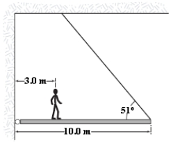 <strong>The figure shows a uniform,horizontal beam (length = 10 m,mass = 25 kg)that is pivoted at the wall,with its far end supported by a cable that makes an angle of 51° with the horizontal.If a person (mass = 60 kg)stands 3.0 m from the pivot,what is the tension in the cable? </strong> A)0.83 kN B)0.30 kN C)0.38 kN D)0.42 kN E)3.0 kN