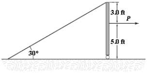 <strong>A uniform 100-lb beam is held in a vertical position by a pin at its lower end and a cable at its upper end.A horizontal force (magnitude P)acts as shown in the figure.If P = 75 lb,what is the tension in the cable? </strong> A)54 lb B)69 lb C)47 lb D)61 lb E)75 lb