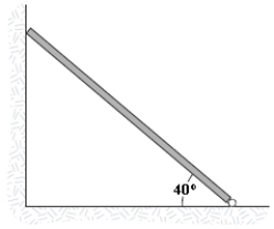<strong>A uniform beam having a mass of 60 kg and a length of 2.8 m is held in place at its lower end by a pin.Its upper end leans against a vertical frictionless wall as shown in the figure.What is the magnitude of the force the pin exerts on the beam? </strong> A)0.68 kN B)0.57 kN C)0.74 kN D)0.63 kN E)0.35 kN