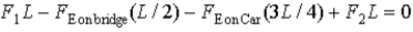 <strong>The free body diagram below represents a 1 500 kg car sitting on a 3 000 kg bridge supported at its far ends.The car's position is three quarters of the length L from the left end of the bridge.Identify the one error in the torque equation below: </strong> A) never produces a torque on the bridge no matter where the axis of rotation is placed. B) never produces a torque on the bridge no matter where the axis of rotation is placed. C) cannot produce a torque on the bridge no matter where the axis of rotation is taken since it is at the center of the bridge. D)Because the perpendicular distance to from the left end of the bridge is 0,F<sub>1</sub>L should be 0. E)Because the perpendicular distance to from the right end of the bridge is 0,F<sub>2</sub>L should be 0.