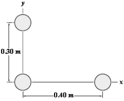 <strong>Three 5.0-kg masses are located at points in the xy plane,as shown.What is the magnitude of the resultant force (caused by the other two masses)on the mass at x = 0,y = 0.30 m? </strong> A)2.6 × 10−<sup>8</sup> N B)2.0 × 10−<sup>8</sup> N C)2.9 × 10−<sup>8</sup> N D)2.3 × 10−<sup>8</sup> N E)2.1 × 10−<sup>8</sup> N