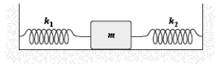 <strong>The mass in the figure slides on a frictionless surface.If m = 2 kg,k<sub>1</sub> = 800 N/m and k<sub>2</sub> = 500 N/m,the frequency of oscillation (in Hz)is approximately </strong> A)6 B)2 C)4 D)8 E)10
