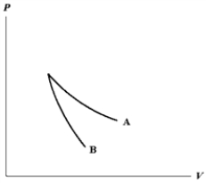 <strong>The relation PV = nRT holds for all ideal gases.The additional relation PVγ holds for an adiabatic process.The figure below shows two curves: one is an adiabat and one is an isotherm.Each starts at the same pressure and volume.Which statement is correct? (Note: ∝ means is proportional to. ) </strong> A)Isotherm: ;Adiabat: : A is both an isotherm and an adiabat. B)Isotherm: ;Adiabat: : B is an isotherm,A is an adiabat. C)Isotherm: ;Adiabat: : A is an isotherm,B is an adiabat. D)Isotherm: ;Adiabat: : B is both an isotherm and an adiabat. E)cannot answer without additional information about the starting temperature.