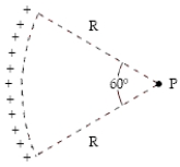 <strong>Charge of uniform density (3.5 nC/m)is distributed along the circular arc shown.Determine the electric potential (relative to zero at infinity)at point P. </strong> A)61 V B)42 V C)52 V D)33 V E)22 V