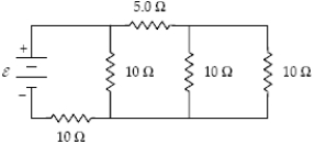 <strong>At what rate is thermal energy generated in the 5-Ω resistor when ε = 24 V? </strong> A)13 W B)3.2 W C)23 W D)39 W E)51 W