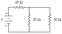 <strong>What is the current in the 15-Ω resistor when ε = 9.0 V? </strong> A)0.20 A B)0.30 A C)0.10 A D)0.26 A E)0.60 A