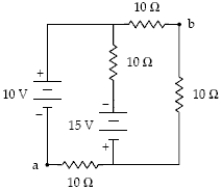 <strong>Determine the potential difference V<sub>a</sub> − V<sub>b</sub> shown in the circuit below. </strong> A)−5.0 V B)+5.0 V C)−10 V D)+10 V E)0 V