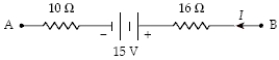 <strong>What is the potential difference V<sub>B</sub> − V<sub>A</sub> when I = 0.50 A in the circuit segment shown below? </strong> A)+28 V B)+2.0 V C)−28 V D)−2.0 V E)+18 V