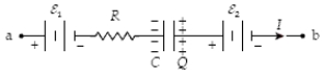 <strong>If R = 3.0 kΩ,C = 6.0 nF,ε <sub>1</sub> = 10.0 V,Q = 18 nC,ε <sub>2</sub> = 6.0 V,and I = 5.0 mA,what is the potential difference V<sub>b</sub> − V<sub>a</sub>? </strong> A)−13 V B)+28 V C)+13 V D)−28 V E)+2.0 V
