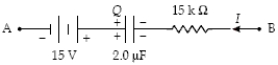 <strong>Determine the potential difference,V<sub>A</sub> − V<sub>B</sub>,in the circuit segment shown below when I = 2.0 mA and Q = 50 μC. </strong> A)−40 V B)+40 V C)+20 V D)−20 V E)−10 V