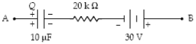 <strong>If Q = 400 μC and the potential difference V<sub>A</sub> − V<sub>B</sub> = −10 V in the circuit segment shown below,what is the current in the resistor? </strong> A)1.0 mA right to left B)1.0 mA left to right C)3.5 mA right to left D)3.5 mA left to right E)None of the above