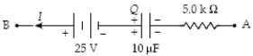 <strong>If Q = 350 μC and I = 4.0 mA in the circuit segment shown below,determine the potential difference,V<sub>A</sub> − V<sub>B</sub>. </strong> A)−30 V B)+80 V C)+40 V D)−40 V E)+10 V