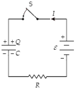 <strong>At t = 0 the switch S is closed with the capacitor uncharged.If C = 40 μF,ε = 50 V,and R = 5.0 kΩ,how much energy is stored by the capacitor when I = 2.0 mA? </strong> A)20 mJ B)28 mJ C)32 mJ D)36 mJ E)40 mJ