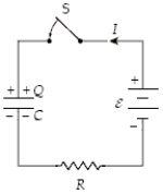 <strong>At t = 0 the switch S is closed with the capacitor uncharged.If C = 30 μF,ε = 50 V,and R = 10 kΩ,what is the potential difference across the capacitor when I = 2.0 mA? </strong> A)20 V B)15 V C)25 V D)30 V E)45 V