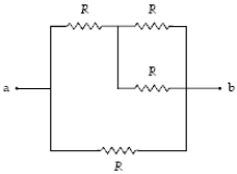 <strong>What is the equivalent resistance between points a and b when R = 30 Ω? </strong> A)27 Ω B)21 Ω C)24 Ω D)18 Ω E)7.5 Ω