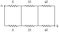 <strong>What is the equivalent resistance between points A and B in the figure when R = 20 Ω? </strong> A)77 Ω B)63 Ω C)70 Ω D)84 Ω E)140 Ω