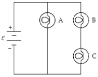 <strong>The circuit below contains three 100-W light bulbs.The emf ε = 110 V.Which light bulb(s)is(are)brightest? </strong> A)A B)B C)C D)B and C E)All three are equally bright.