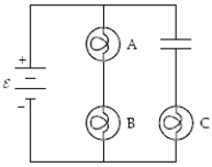<strong>The circuit below contains three 100-watt light bulbs and a capacitor.The emf ε = 110V.The capacitor is fully charged.Which light bulb(s)is(are)dimmest? </strong> A)A B)B C)C D)A and B E)All three are equally bright (or dim).