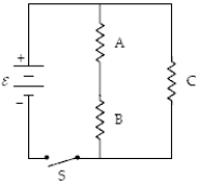 <strong>The circuit below contains three resistors,A,B,and C,which all have equal resistances.The emf ε = 110V.Which resistor generates the most thermal energy after the switch is closed? </strong> A)A B)B C)C D)A and B E)All three generate equal amounts of thermal energy.