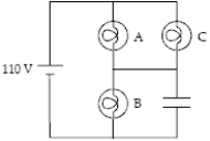 <strong>The circuit below contains three 100-W light bulbs and a capacitor.The emf is 110 V and the capacitor is fully charged.Which light bulb(s)is(are)brightest? </strong> A)A B)B C)C D)A and B E)A and C