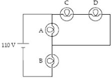 <strong>The circuit below contains 4 100-W light bulbs.The emf is 110 V.Which light bulb(s)is(are)brightest? </strong> A)A B)B C)C D)D E)C and D
