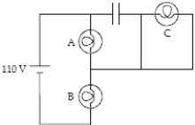 <strong>The circuit below contains 3 100-W light bulbs and a capacitor.The emf is 110 V.Which light bulb(s)is(are)brightest? (Assume the capacitor is fully charged. ) </strong> A)A B)B C)C D)A and B E)All three are equally bright.