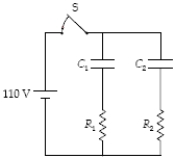 <strong>The capacitors are completely discharged in the circuit shown below. The two resistors have the same resistance R and the two capacitors have the same capacitance C.After the switch is closed,the current</strong> A)is greatest in C<sub>1</sub>. B)is greatest in C<sub>2</sub>. C)is greatest in R<sub>1</sub>. D)is greatest in R<sub>2</sub>. E)is the same in C<sub>1</sub>,C<sub>2</sub>,R<sub>1</sub> and R<sub>2</sub>.